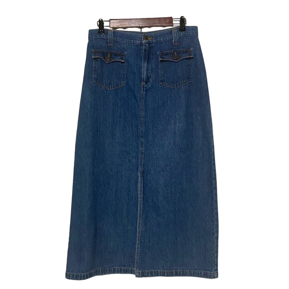 Vintage Bill Blass Jeans Slit Front Maxi Denim Skirt Blue Western Flap Pocket